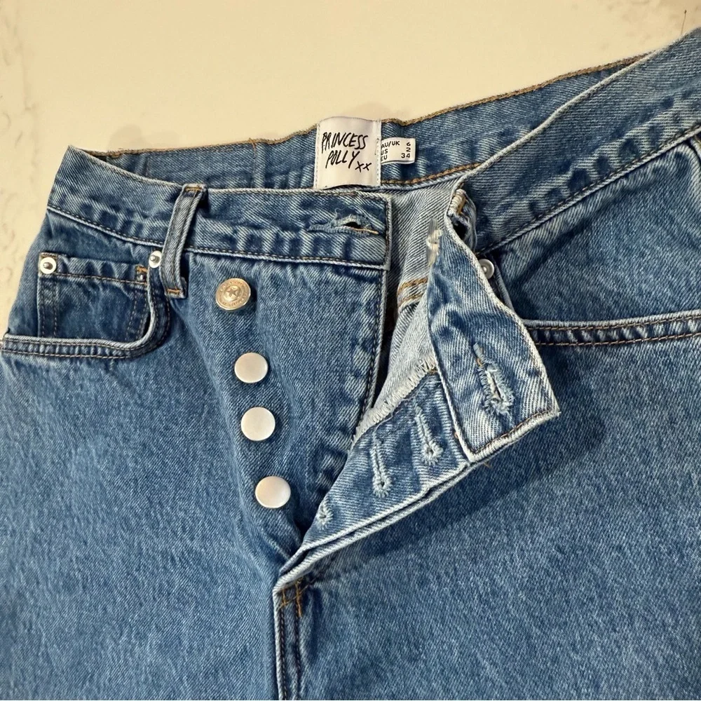 Princess Polly Holly Asymmetrical Straight Leg Denim Jean Womens 2 Mid Wash Blue